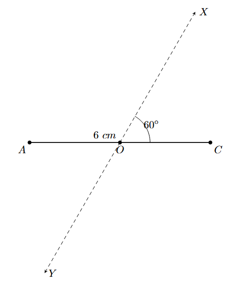 Step 3: Construct a line YOX through O at an angle of 60 degrees to AC.